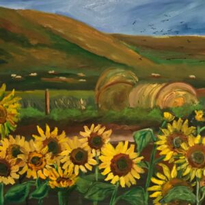 oil painting of sunflowers in a field with hay and mountains by artist Caroline Karp