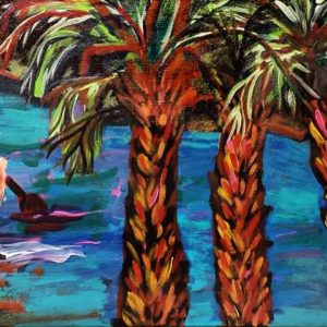 Painting of a girls in a red kayak paddling in crystal blue river