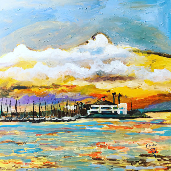 Expressionist painting of water and boats