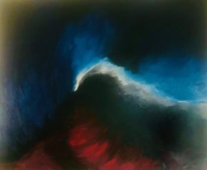 large abstract oil painting with black red white and blue. with bold swirling brushstrokes