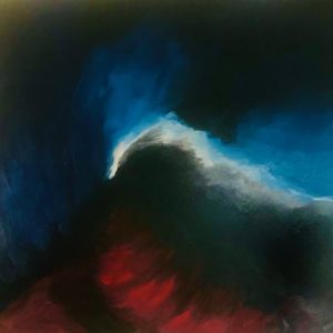 large abstract oil painting with black red white and blue. with bold swirling brushstrokes