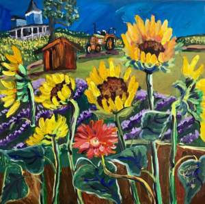 Whimsical painting of sunflowers in a field by artist Caroline Karp