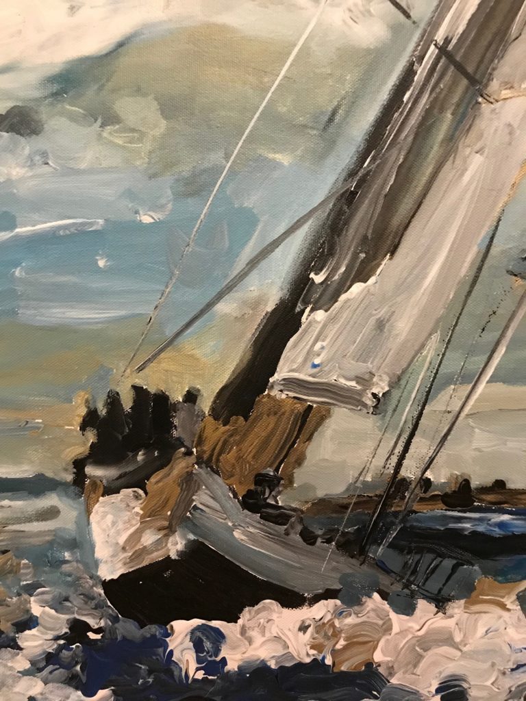 Detail of an expressionist painting of a sailboat