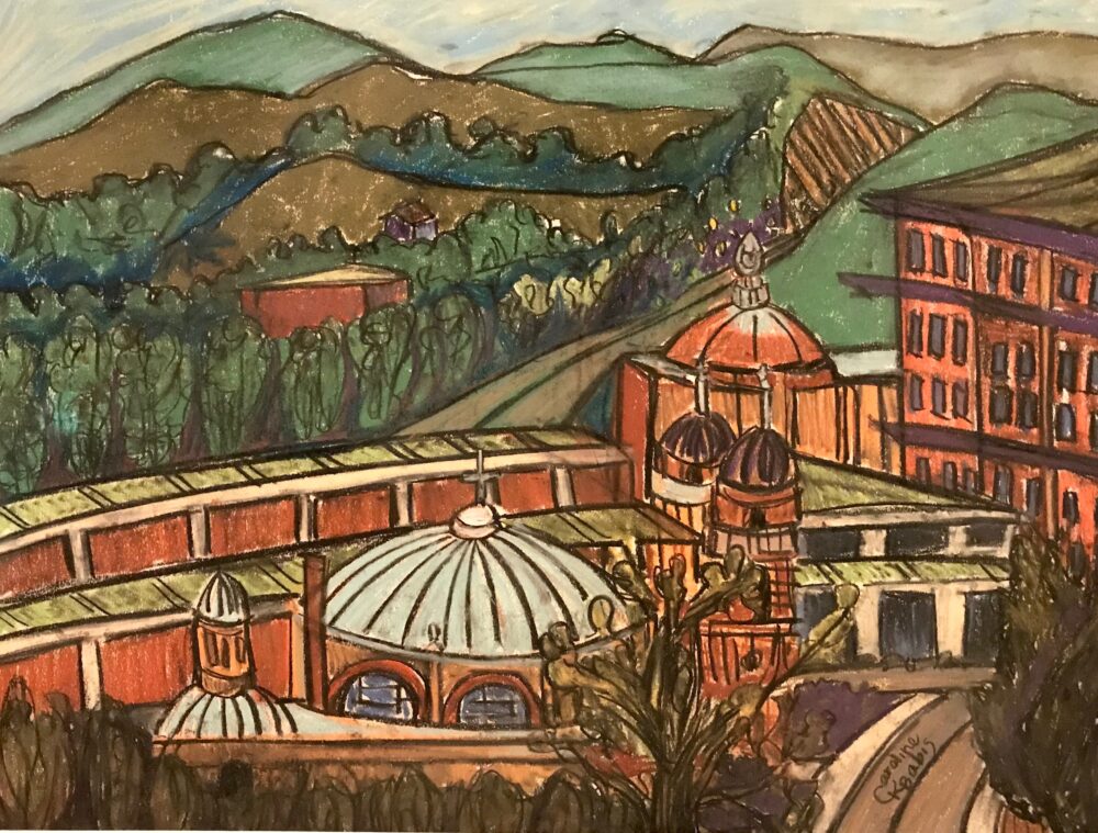 Caroline Karp Artist's chalk pastel drawing of a bird's eye view of downtown Asheville