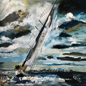 Safety Harbor Artist Caroline Karp's Painting of a Melges sailboat cutting through the rough sea.
