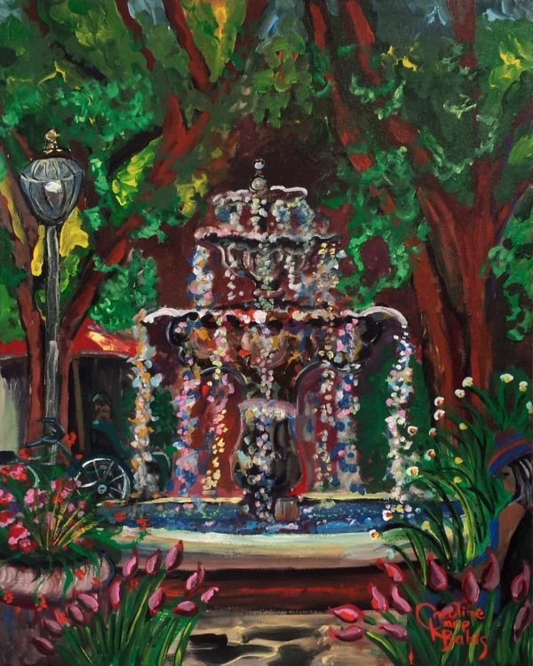 Mixed media painting of the Hyde Park fountain that contains a self portrait of artist Caroline Karp wearing her blue painting dress.