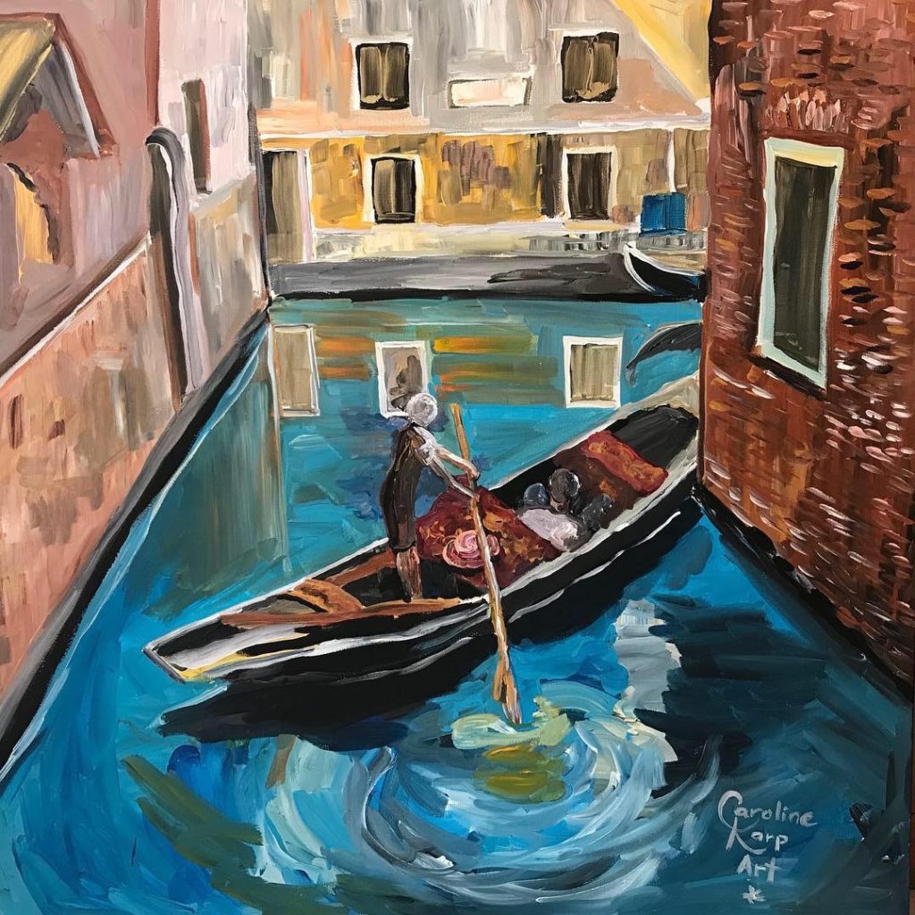 painting of a woman in Venice paddling a gondola