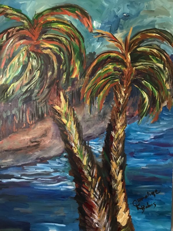 Painting of 2 palm trees by the coast