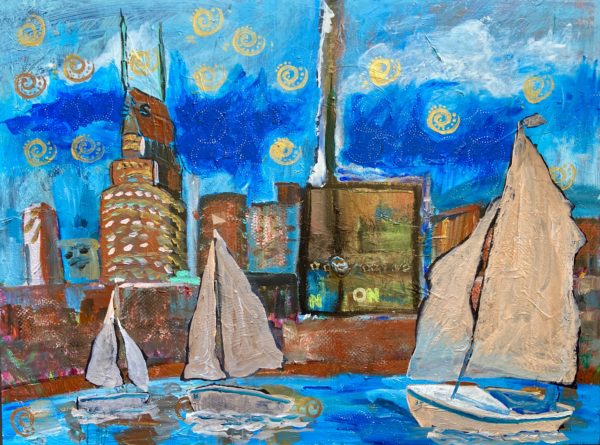 painting of 3 sailboats with skyline