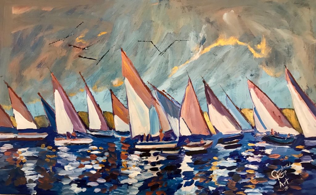 Painting of sailboats on a cloudy day at daybreak