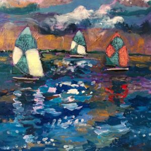 mixed media painting of 3 sailboats