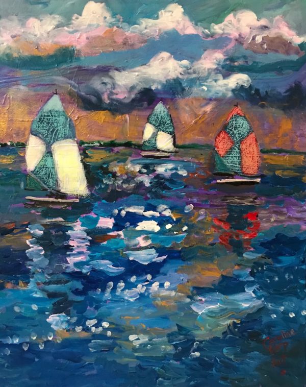 mixed media painting of 3 sailboats