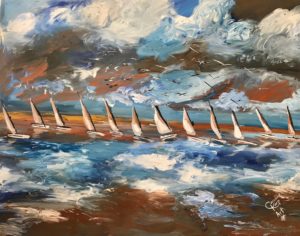 painting of many sailboats on a tumultuous day