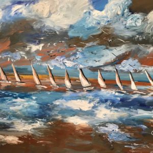 painting of many sailboats on a tumultuous day