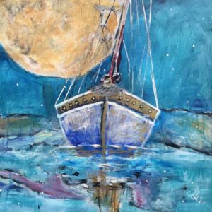 Painting of a sailboat and moon