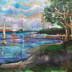coastal painting with 2 sailboats, trees and a dock