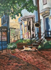 painting of two dogs sitting outside a pastry shop
