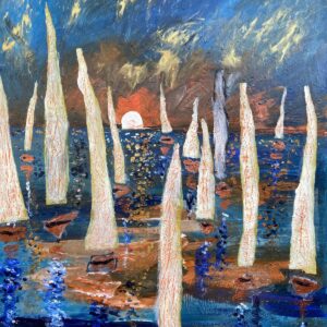An abstract expressionist painting of several sailboats sailing under the moonlight.