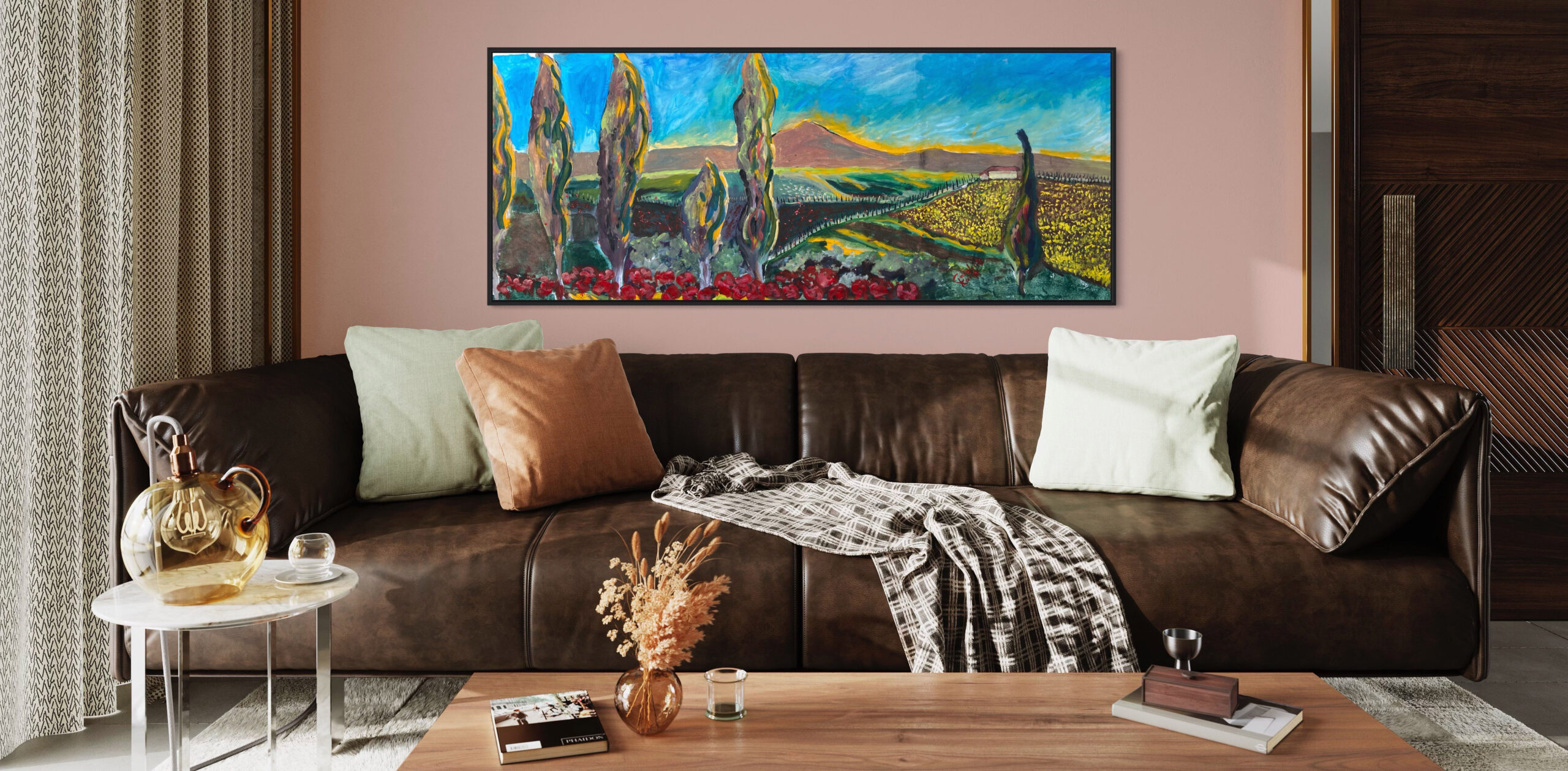 Painting of the hills of Tuscany in a luxurious room.