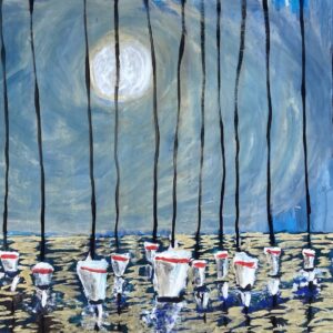 Expressionist sailboats out at sea with a big full moon over golden water.