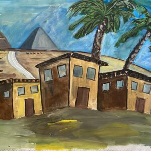 Whimsical painting of the great pyramids of Giza with fun buildings in the foreground and camels in the background.