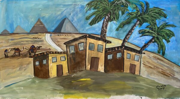 Whimsical painting of the great pyramids of Giza with fun buildings in the foreground and camels in the background.