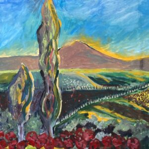A painting of Tuscany capturing the very essence of the Tuscan countryside. A visual ode to rolling hills, vibrant fields, and the enchanting allure of Italy, this piece encapsulates the heart and soul of the land.