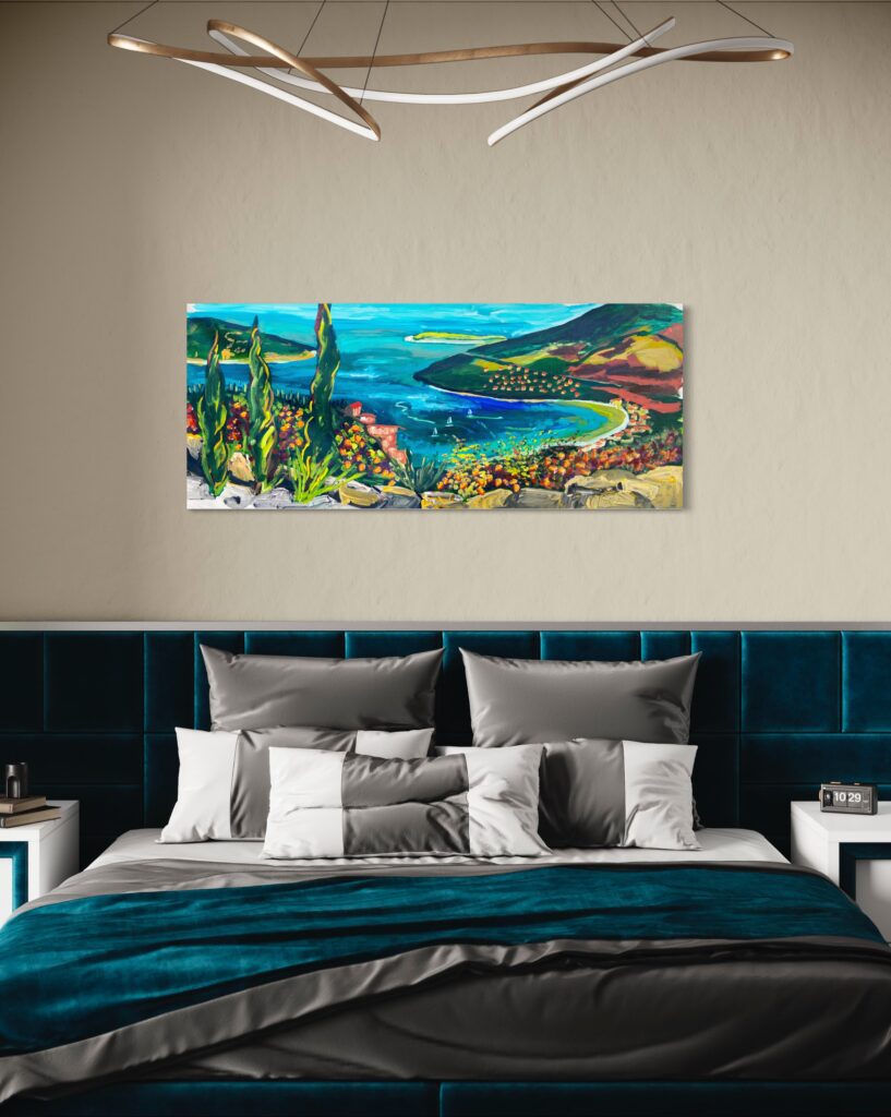 large painting of a seascape in a beautiful bedroom featuring the color blue.