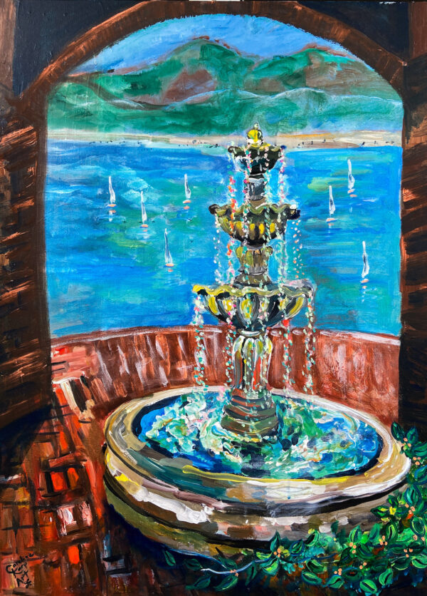 Expressionist painting of a fountain with colorful water flowing. In the background is a beautiful seascape with sailboats in the distance.