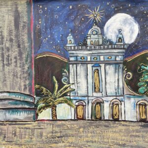 painting of a white church with a dark blue sky with stars in the sky