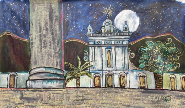 painting of a white church with a dark blue sky with stars in the sky
