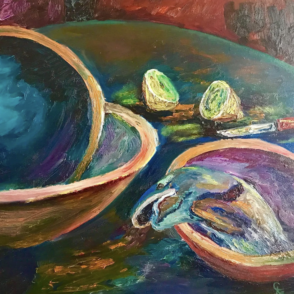 A painting of bowls on a table with a lemon cut in half in the background