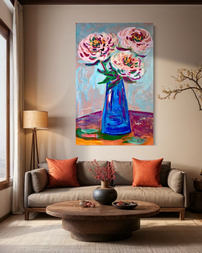painting of large pink peonies insitu