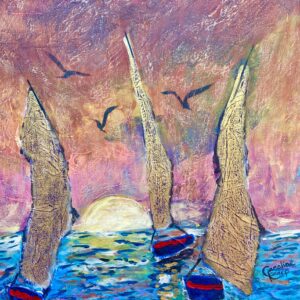 Cotton Candy Sunset Sail painting with soft pink, lavender, and gold light reflecting across water and sails at dusk