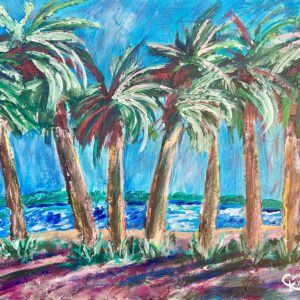 Palm Trees Forever mixed media painting with warm sunrise light illuminating palm trunks