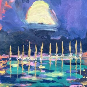Collaborazione Velatura Sunset mixed media sailboat painting with gold accents, created through international collaboration and finished in Clearwater, Floridapainting with glowing horizon and reflective water, 61x26 inches