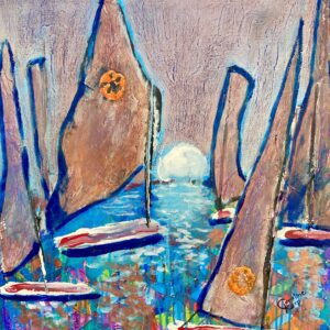 Sultry Moonrise Sail mixed media painting of sailboats under a rising moon with shimmering water and gold accents