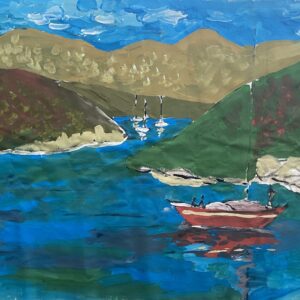 red sailboat painting on blue sea with reflection and mountains by Caroline Karp Artist