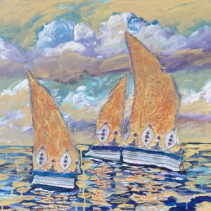 Golden Sails original mixed media sailboat painting with cotton sails and embroidered edges under dramatic golden clouds