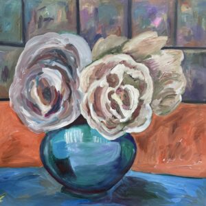 Large-scale peony flower painting with expressive blooms in a vase on unstretched canvas by Caroline Karp