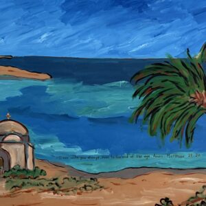 Red Sea coastal painting with palm trees, shoreline, and expansive blue water by Caroline Karp