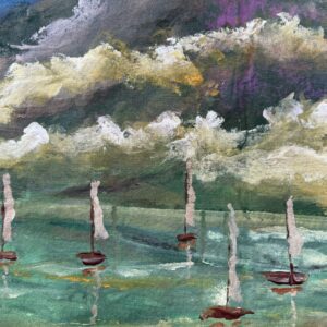 Mixed media sailboat painting with white sails resting on turquoise water beneath dramatic layered clouds