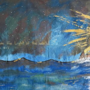 mixed media lighthouse painting with golden light beams over dark blue ocean and starry night sky