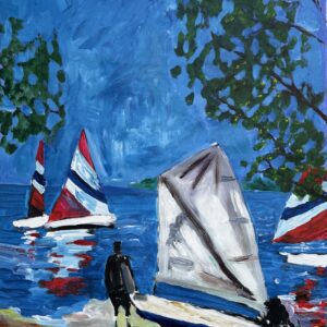 Safety Harbor coastal painting of a grandfather helping his grandson pull a small sailboat ashore with red white and blue sails on bright blue water.