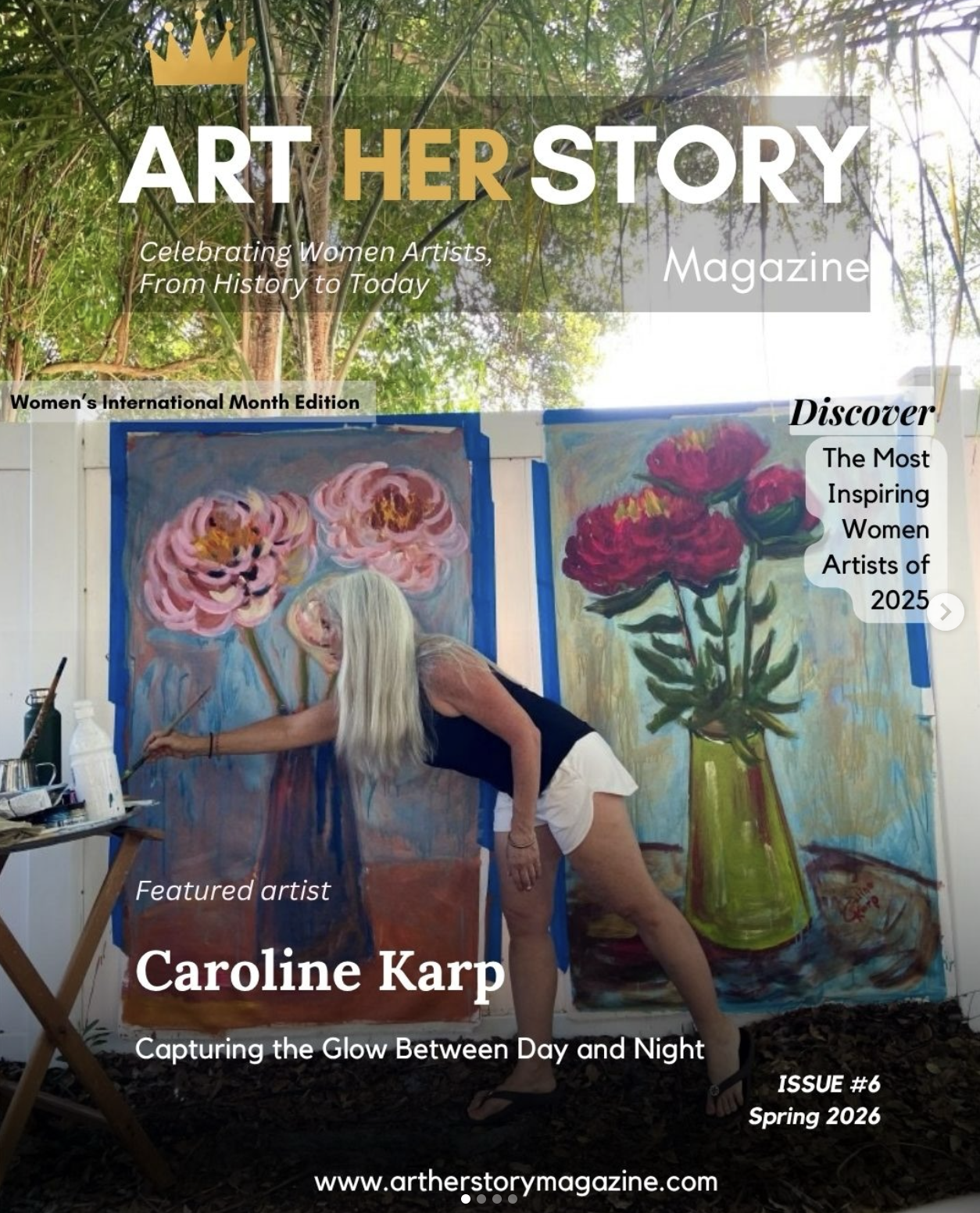 Caroline Karp featured in Art HERstory Magazine Issue 6 with romantic expressionist paintings Intuitive Kauai Tuscana and Barche Danzanti
