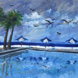 Coastal acrylic painting with luminous water reflections, repeating umbrellas, shoreline architecture, and figures moving through a vibrant waterfront scene by Caroline Karp.